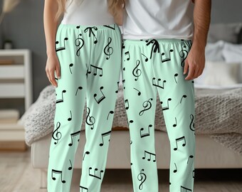 Musiknoter Mintgröna pyjamasbyxor, matchande sovkläder för kvinnor och män, heltäckande tryckt pyjamas, mysig present till musikälskare, lärare, sångare