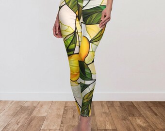 Lemon Stained Glass Leggings, Boho Activewear, Italian Style Yoga Pants, Botanical Citrus Workout Pants, Mediterranean Fitness Outfit