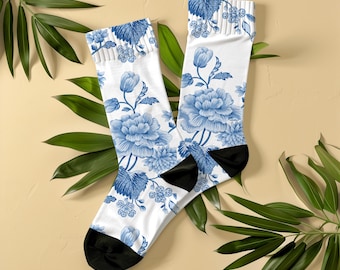 Blauw-witte sokken met bloemenprint, unisex, Chinoiserie botanische sokken, artistiek cadeau voor vrouwen en kunstliefhebbers, vintage kunstsokken