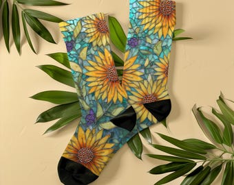 Artistic Stained Glass Sunflower Socks, Unisex, Botanical Floral Art Socks, Gift for Women, Flower Lovers, Gardeners, Art Nouveau Mosaic