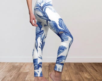 Blauwe toile Iris Art AOP-legging, kust Franse toile blauwe en witte panty's, artistieke yogabroek cadeau voor bloemenliefhebber