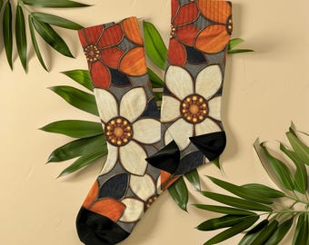 Socken mit Herbstblumenmuster, Unisex, rostorange und bernsteinfarbene Mosaik-Socken mit Blumenmuster, herbstliches Geschenk in gebranntem Orange für Sie
