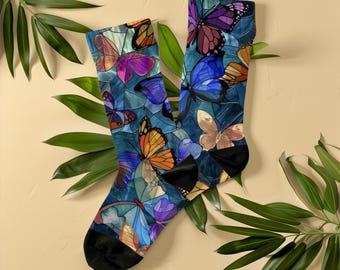 Stained Glass Design Butterfly Socks, Unisex, Blue and Purple Butterfly Art Socks, Artistic Gift for Women & Art Lovers, Vintage Art Socks