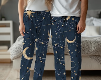 Celestial Moon & Stars Pajama Pants, Matching Sleepwear for Women and Men, All Over Print PJs, Navy And Gold Constellation, Astrology Gift