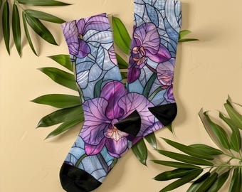 Meias coloridas com orquídeas em vitral, unissex, meias botânicas elegantes em estilo Art Déco, presente para mulheres, amantes de flores e jardineiras, mosaico Art Nouveau