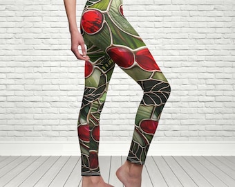 Leggings vintage com estampa de cereja vermelha em vitral, estilo boho para atividades físicas, calças de ioga com estampa de cereja Y2K, estampa botânica fofa retrô com cereja, calças com estampa de frutas no estilo cottagecore