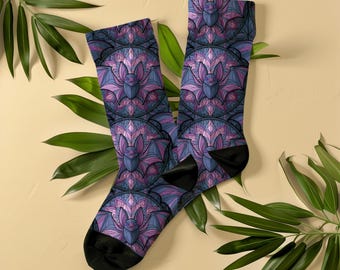 Amethyst Bat Stained Glass Socks, Unisex Halloween Spooky Crew Socks, Gothic Vibrant Purple and Magenta Gift for Bat Lover
