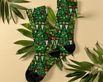 Stained Glass Christmas Tree Socks, Unisex Red and Green Xmas Holiday Socks, Gift for Christmas Lover