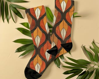 Socken mit Herbst-Buntglas-Motiv, Unisex, geometrische Rundhalssocken in Bernstein-Orange und Rostrot, Vintage-Geschenkidee mit botanischem Muster für Sie