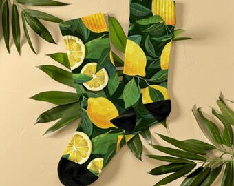 Mediterrane glas-in-loodsokken met citroen, uniseks, botanisch in Italiaanse tegelstijl, Cottagecore-sokken, maximalistisch botanisch cadeau voor fijnproevers