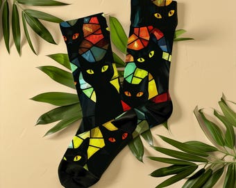Glasmalerei-schwarze Katzensocken, Unisex, Katzenliebhaber Geschenk Katze Art Design, Mosaikkatzenmuster Socken, Katzenmutter Geschenkidee, Geschenk für Witchy Freund