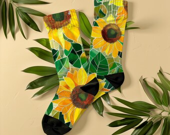 Stained Glass Sunflower Socks, Unisex, Botanical Floral Art Socks, Gift for Women, Flower Lovers, Gardeners, Art Nouveau Sunflower Mosaic