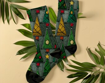 Stained Glass Christmas Tree Socks, Unisex Evergreen Xmas Holiday Socks, Gift for Christmas Lover
