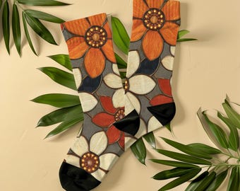 Socken mit Herbstblumenmuster, Unisex, rostorange und bernsteinfarbene Mosaik-Socken mit Blumenmuster, herbstliches Geschenk in gebranntem Orange für Sie