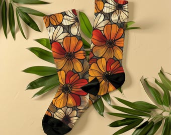 Socken mit Herbstblumenmuster, Unisex, rostorange und bernsteinfarbene Mosaik-Socken mit Blumenmuster, herbstliches Geschenk in gebranntem Orange für Sie