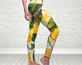 Lemon Stained Glass Leggings, Boho Activewear, Italian Style Yoga Pants, Botanical Citrus Workout Pants, Mediterranean Fitness Outfit