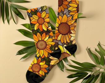 Stained Glass Sunflower Socks, Unisex, Botanical Floral Art Socks, Gift for Women, Flower Lovers, Gardeners, Art Nouveau Sunflower Mosaic