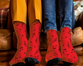 Calcetines navideños con notas musicales, estampado integral en rojo, regalo para músicos, cantantes y profesores, calcetines divertidos unisex para amantes de la música, pianistas de coro.