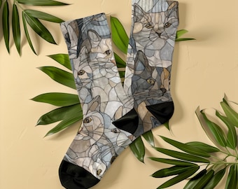 Meias com estampa de gatos em vitral, unissex, presente para amantes de gatos, design artístico com gatos, meias com estampa de mosaico de gatos, ideia de presente para mães de gatos, meias com gatos em estilo vintage.