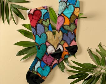 Rainbow Stained Glass Hearts Socks, Unisex Romantic Gift for Girlfriend, Boyfriend, Wife Husband, Unique Love Socks for Anniversary, Wedding