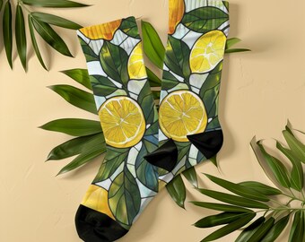 Lemon Stained Glass Socks, Unisex, Italian Tile Style Botanical, Cottagecore Socks, Mediterranean Citrus Gift for Foodie, Artsy