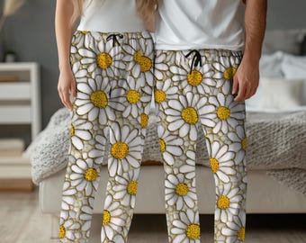 Stained Glass Daisy Pajama Pants, Garden Lovers Sleepwear for Women and Men, Boho Loungewear for Plant Mom, Vintage Bright Floral Art