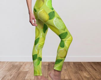 Legging met citroen en limoen, gebrandschilderd glas, boho-sportkleding, yogabroek in Italiaanse stijl, trainingsbroek botanische citrus, legging zomerse sfeer