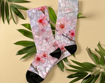 Cherry Blossom Stained Glass Socks, Unisex, Soft Pink Botanical Pattern, Sakura Flower Art Socks Gift for Women & Art Lovers