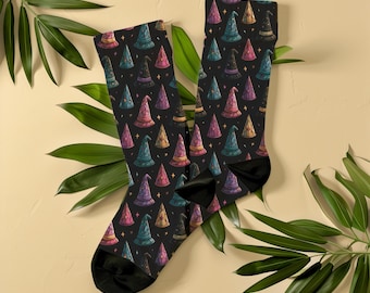 Midnight Black Witch Hat Stained Glass Socks, Unisex Whimsigoth Halloween Spooky Crew Socks