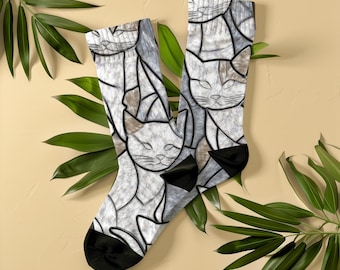 Stained Glass Cats Socks, Unisex, Cat Lover Gift Cat Art Design, Mosaic Cat Pattern Socks, Cat Mom Gift Idea Vintage Style Cat Socks