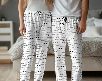 Zwart-witte pyjamabroek met oogprint, nachtkleding met wimperprint voor dames en heren, minimalistisch cadeau met oogmotief