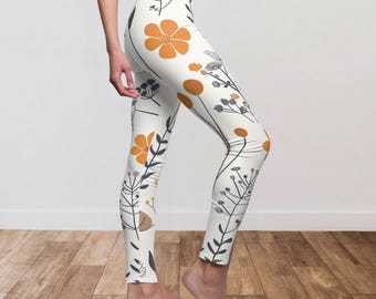 Scandi Boho Wildflower Leggings, Minimalist Gift for Women, Garden Lovers Yoga Pants