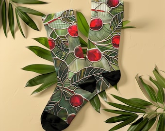 Meias vintage com estampa de cereja vermelha em vitral, unissex, charmosas com núcleo de cereja retrô, design minimalista em mosaico, estilo cottagecore, presente perfeito para amantes da gastronomia.