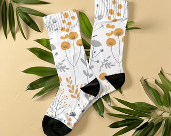 Scandi Boho Wildflower Socks, Unisex, Minimalist Crew Socks, Gift for Women, Flower Lovers