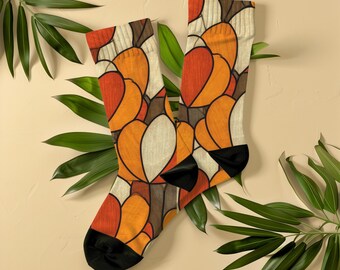 Socken mit Herbstblumenmuster, Unisex, rostorange und bernsteinfarbene Mosaik-Socken mit Blumenmuster, herbstliches Geschenk in gebranntem Orange für Sie