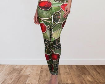 Leggings vintage com estampa de cereja vermelha em vitral, estilo boho para atividades físicas, calças de ioga com estampa de cereja Y2K, estampa botânica fofa retrô com cereja, calças com estampa de frutas no estilo cottagecore