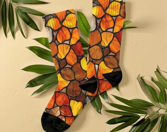 Socken mit Herbstblumenmuster, Unisex, rostorange und bernsteinfarbene Mosaik-Socken mit Blumenmuster, herbstliches Geschenk in gebranntem Orange für Sie