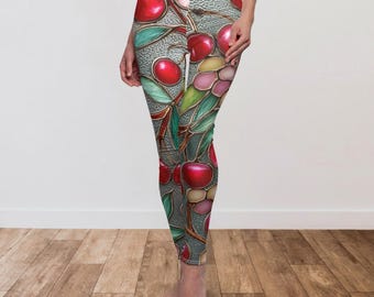 Leggings com estampa de cereja vermelha em vitral, estilo boho para atividades físicas, calça de ioga com estampa de cereja Y2K, estampa botânica fofa retrô com cereja, calça com estampa de frutas no estilo cottagecore