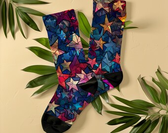 Stained Glass Star Socks, Unisex, Vibrant Night Sky Mosaic, Colorful Cosmic Galaxy Star Art Socks Gift for Space Lovers and Astrology Lovers