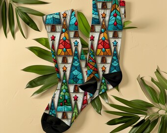 Stained Glass Christmas Tree Socks, Unisex Colorful Xmas Mosaic Footwear, Gift for Christmas Lover