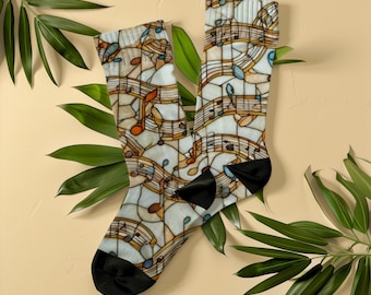 Stained Glass Design Music Note Socks, Cozy Gift for Musician, Singer & Teacher, Mosaic Unisex Music Lover Socks, Choir Member Piano Player