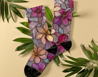 Pink Stained Glass Orchid Socks, Unisex, Botanical Elegant Art Deco Socks, Gift for Women, Flower Lovers, Gardeners, Art Nouveau Mosaic