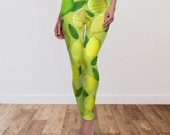 Legging met citroen en limoen, gebrandschilderd glas, boho-sportkleding, yogabroek in Italiaanse stijl, trainingsbroek botanische citrus, legging zomerse sfeer