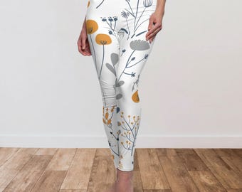 Scandi Boho Wildflower Leggings, Minimalist Gift for Women, Garden Lovers Yoga Pants