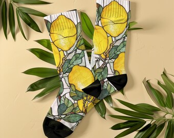 Retro Lemon Stained Glass Socks, Unisex, Italian Tile Style Botanical, Cottagecore Socks, Mediterranean Citrus Gift for Foodie, Artsy