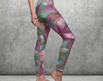 Aquarel bloemblaadje gebrandschilderd glas legging, elegante art nouveau design artistiek cadeau voor vrouwen, boho botanische yoga broek bloemmotief glas
