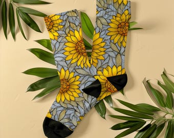 Artistic Stained Glass Sunflower Socks, Unisex, Botanical Floral Art Socks, Gift for Women, Flower Lovers, Gardeners, Art Nouveau Mosaic
