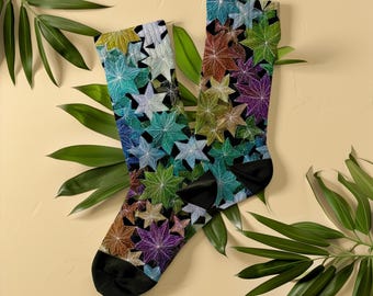 Meias com estampa floral em vitral em formato de estrela, unissex, meias com arte botânica em mosaico de flores em formato de estrela, meias para presentear amantes de flores abstratas.