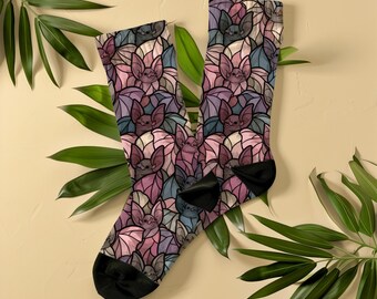 Dusty Rose Stained Glass Bats Socks, Unisex Halloween Spooky Crew Socks, Gothic Mosaic Gift for Bat Lover