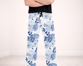 Blauw-witte pyjamabroek met bloemenprint, bijpassende nachtkleding in chinoiserie-stijl voor dames en heren, cottagecore pyjama's